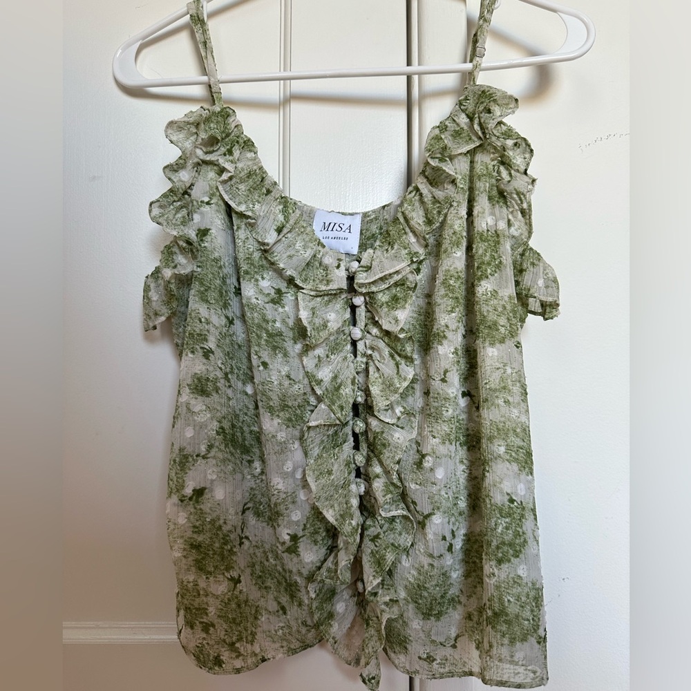 Misa Los Angeles Green Ruffled Sleeveless Blouse